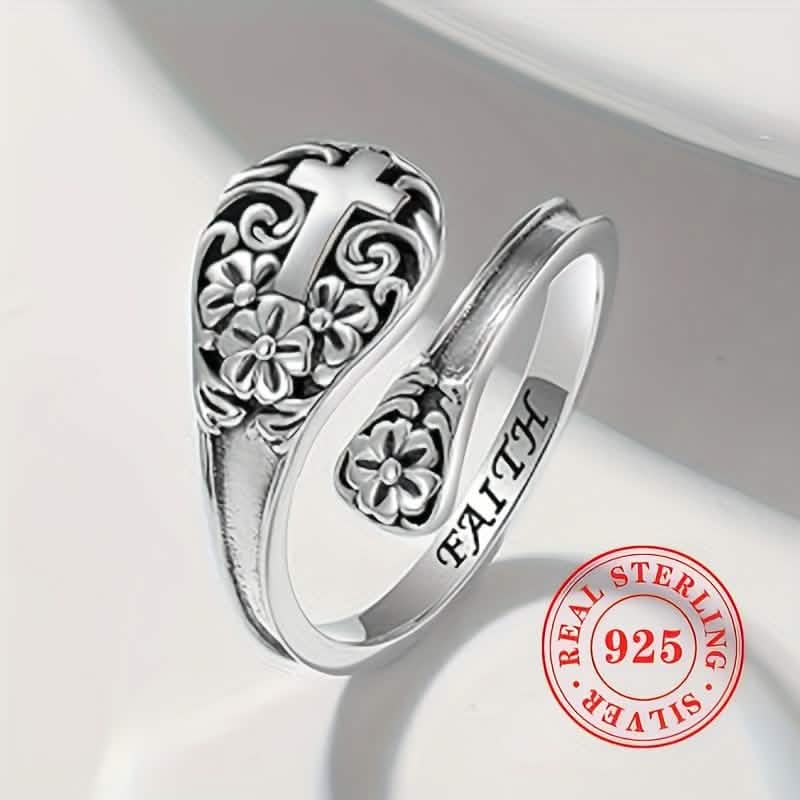 925スターリングシルバー ボヘミアン信仰リング – 調節可能なヴィンテージクロス